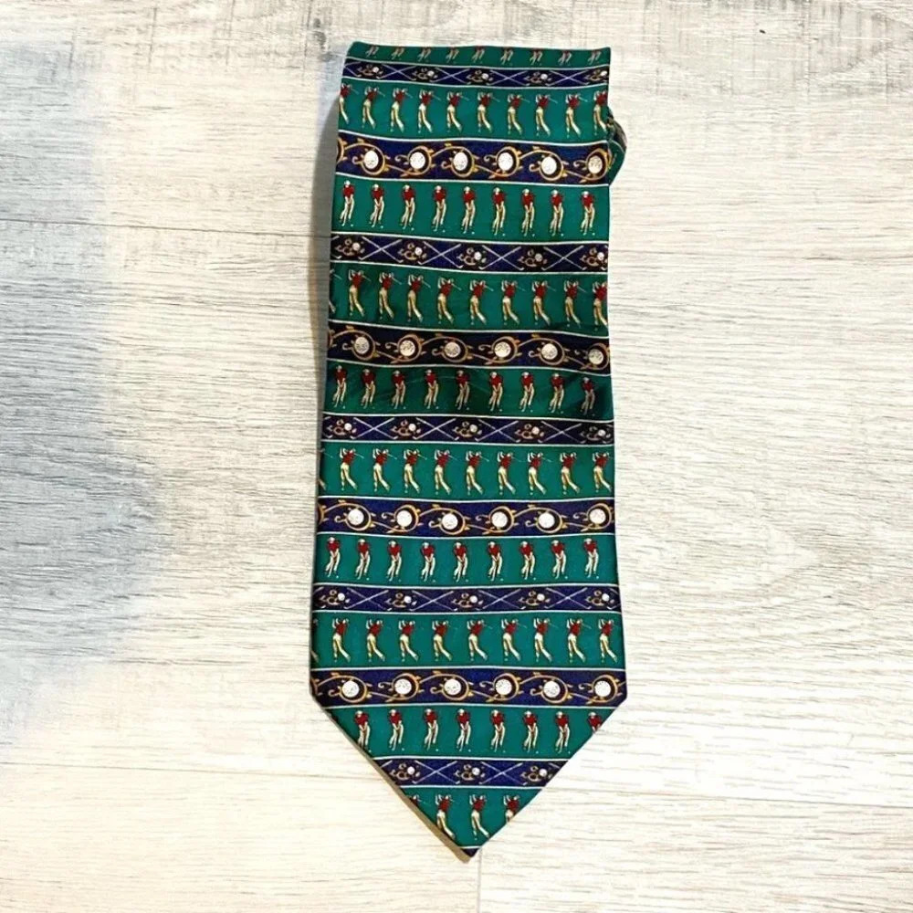 Golf Neck Tie Handmade 100% Silk  - Green and Blue Novelty Tie
